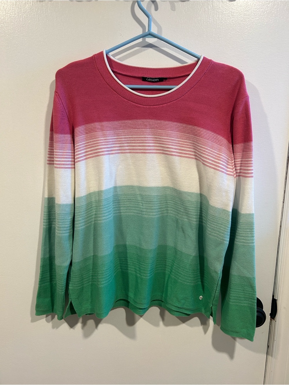 Elsen Women's Crewneck Striped Ombre Sweater - Pink, White & Green